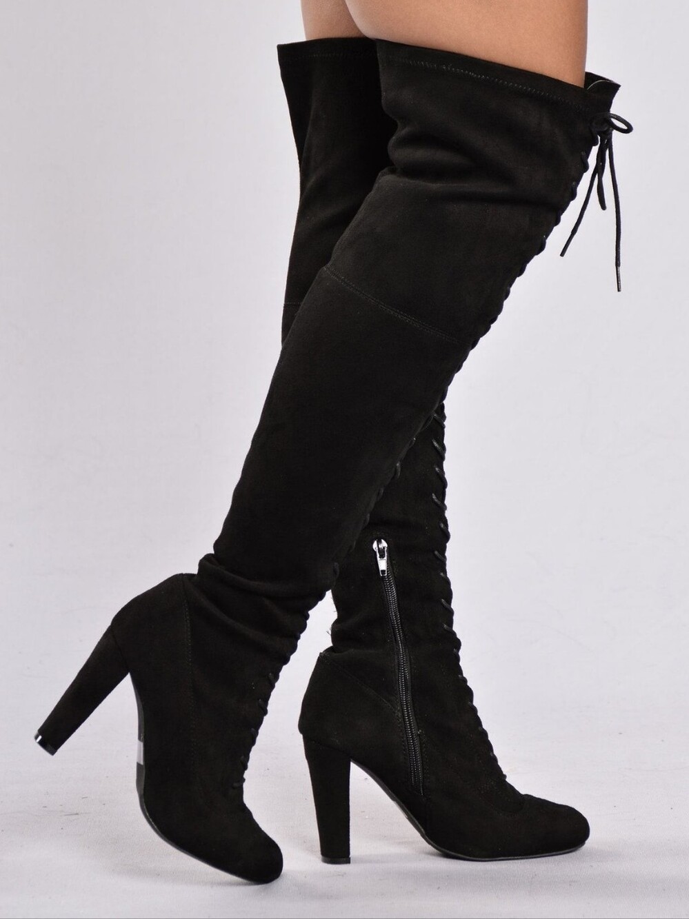 Black Over-the-Knee Lace-Up Suede Boots